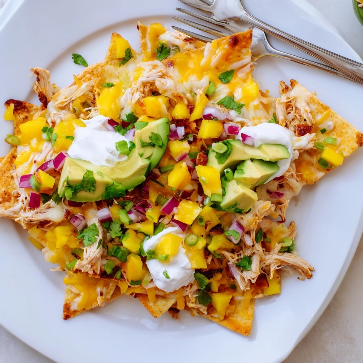 Mango Pineapple Chicken Nachos: Golden cheesy chips piled high with fresh, colorful salsa.