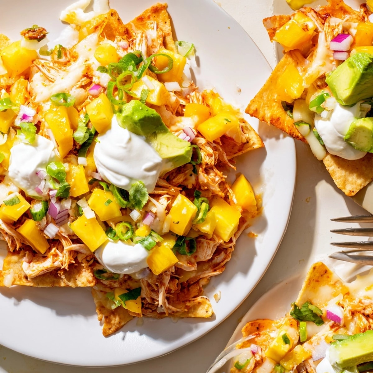 Warm and spicy Mango Pineapple Chicken Nachos, a tropical twist on cheesy comfort food.