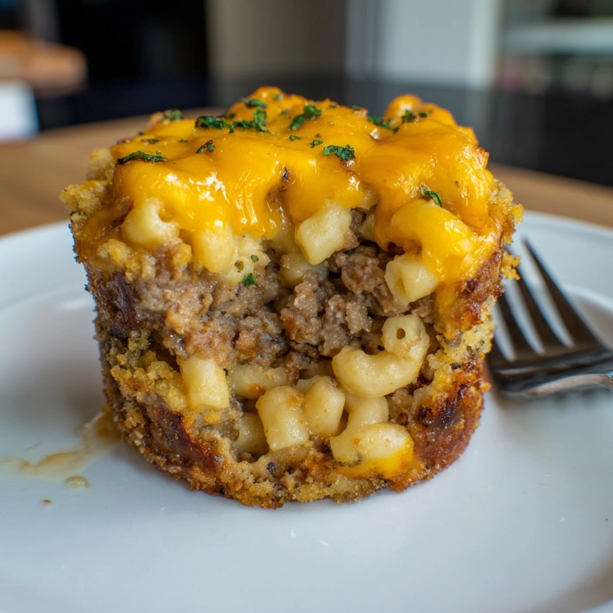 Warm, savory Mac and Cheese Meatloaf Muffins with gooey cheese, served as comfort food.