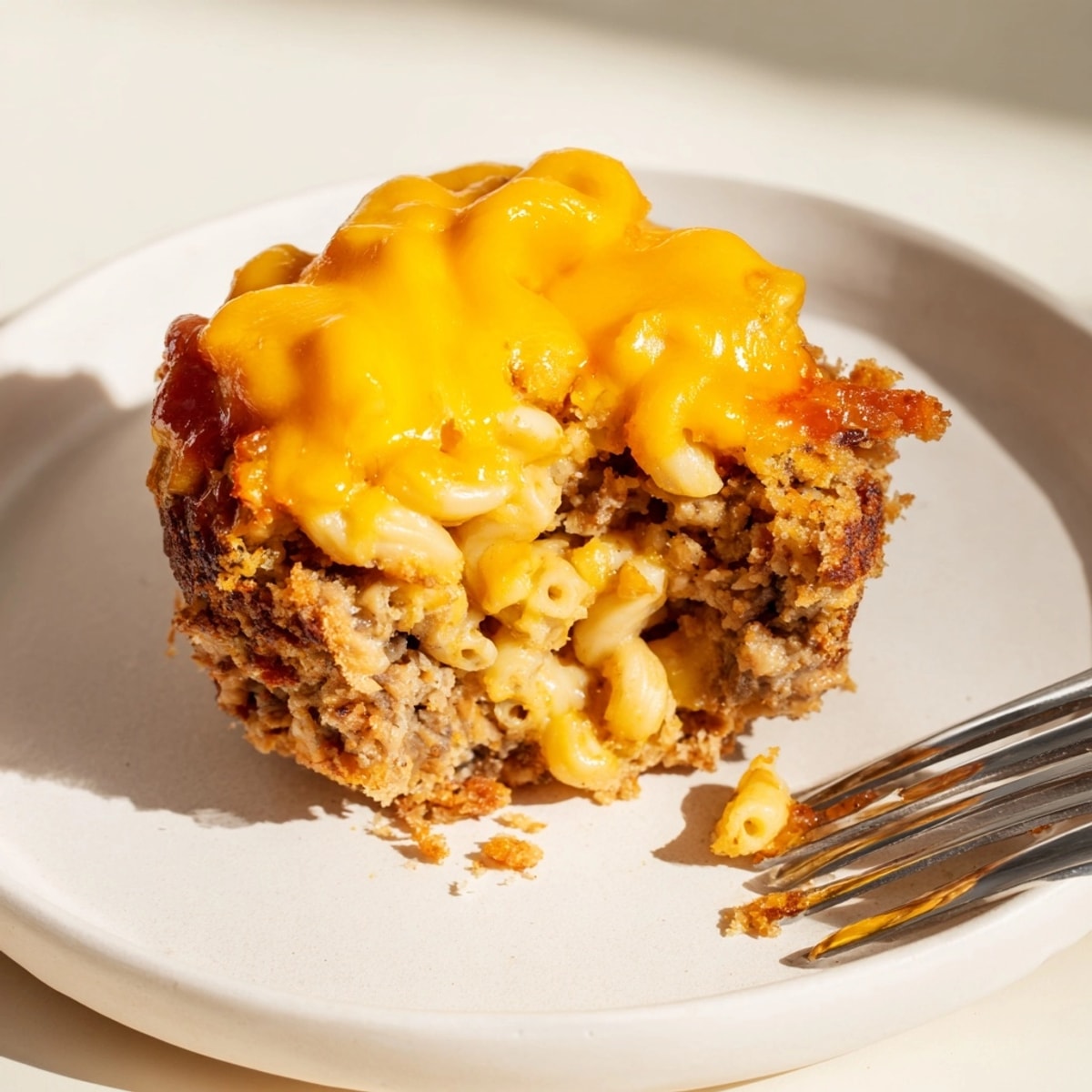 Close-up of a Mac and Cheese Meatloaf Muffin, a delicious family dinner muffin recipe.
