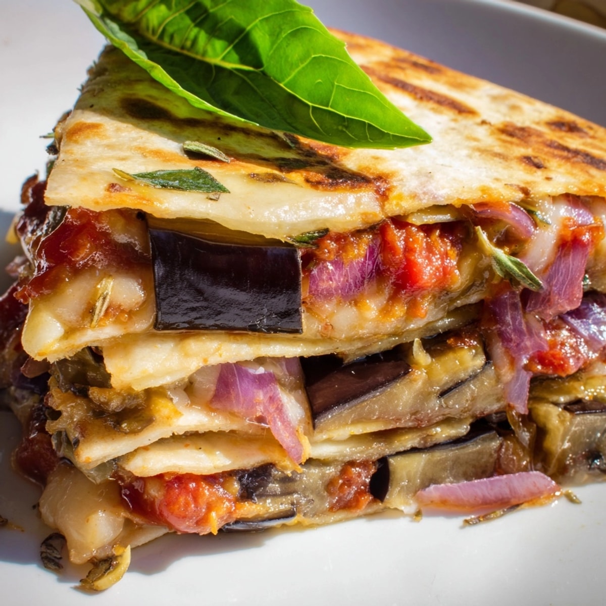 Golden Cheesy Eggplant Parmesan Quesadillas filled with creamy ricotta, herbs, and melty mozzarella.