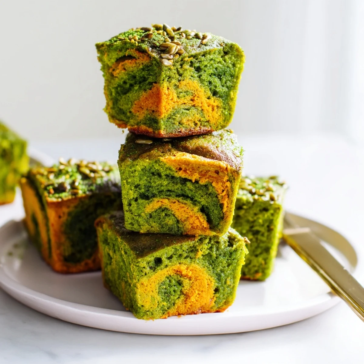Moist matcha pumpkin muffin mini loaves topped with crunchy pumpkin seeds and spices.  