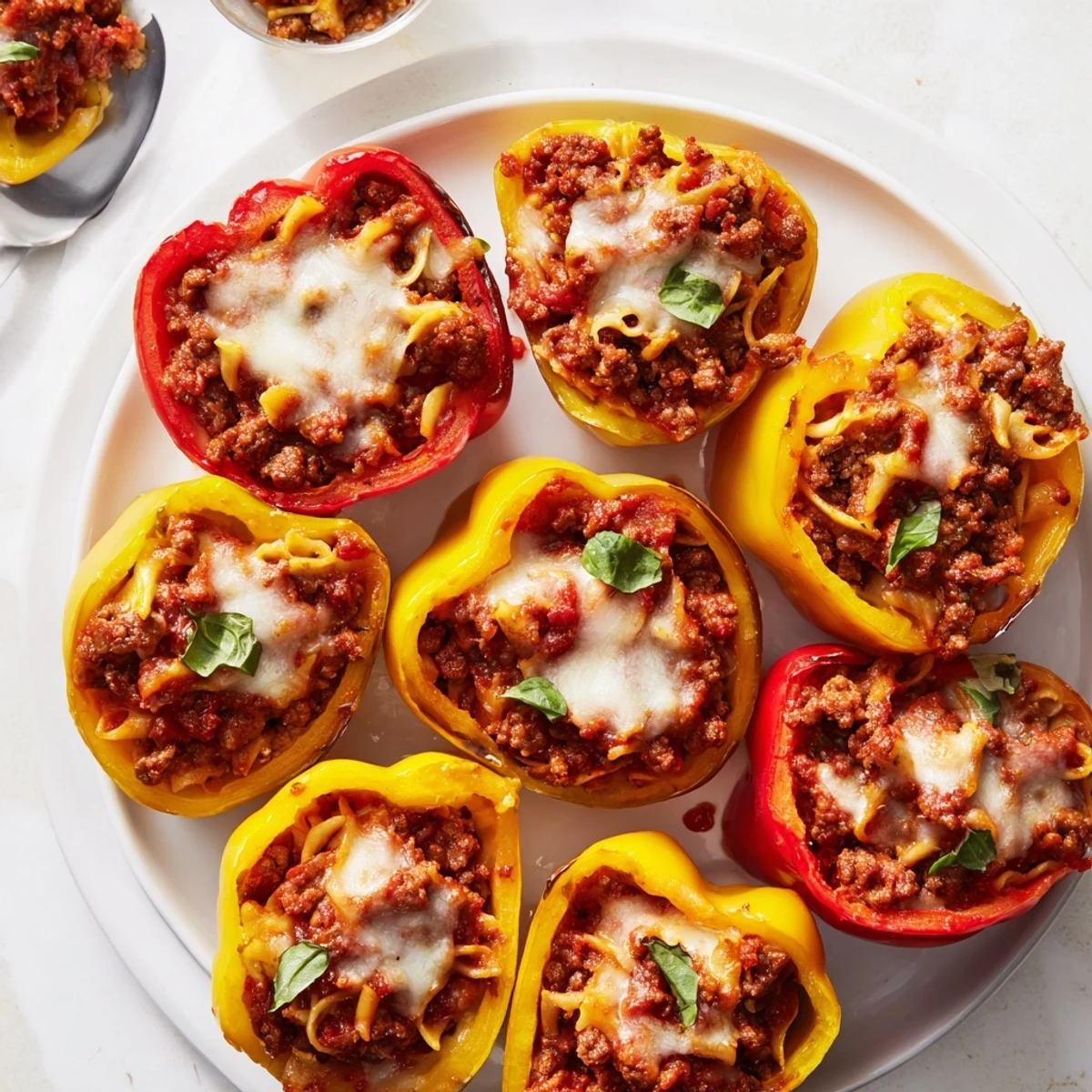 Colorful mini peppers filled with rich lasagne soup, perfect for bite-sized indulgence.  