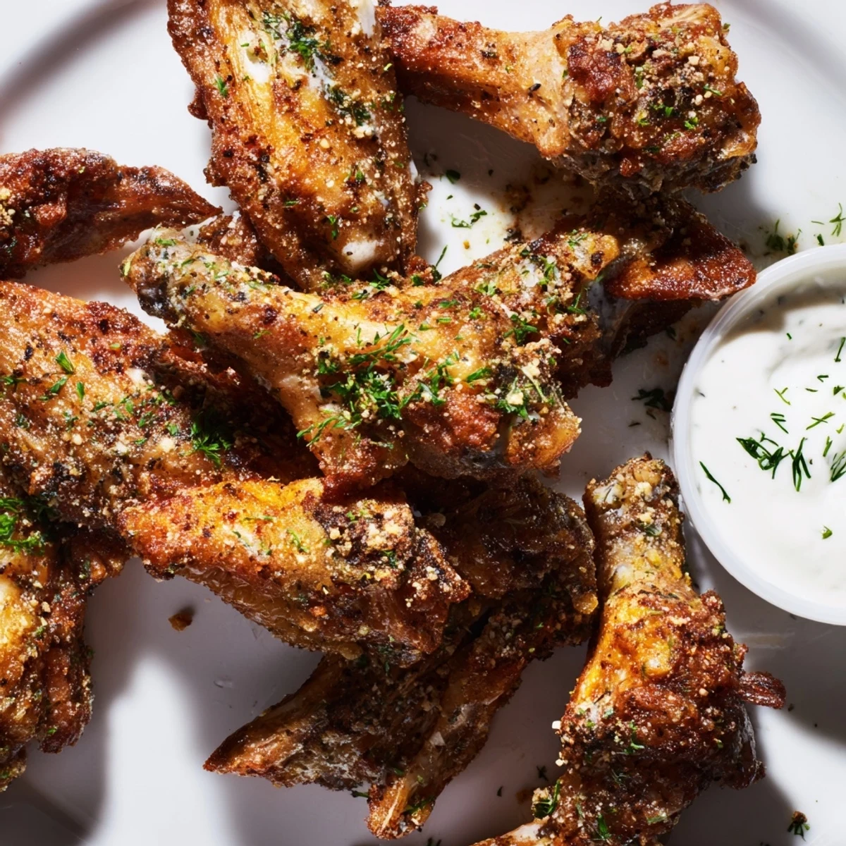 Crispy Spicy Dill Pickle Ranch Wings served with creamy ranch dressing for dipping.