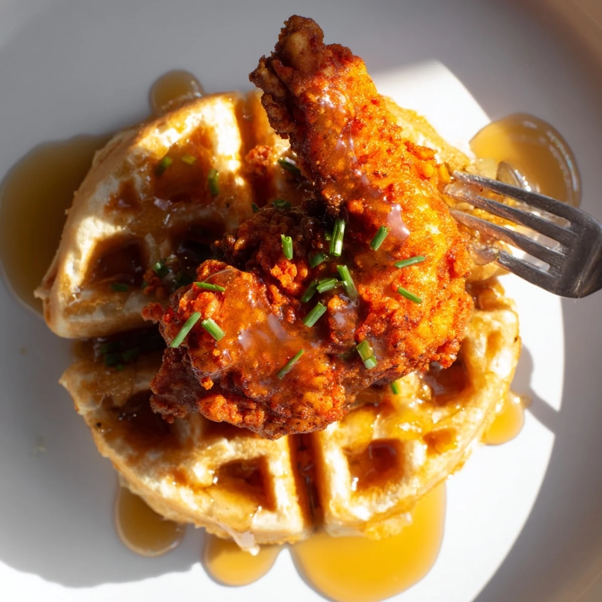 Flaming Hot Chicken Biscuit Waffles served warm, featuring vibrant colors and rich textures.