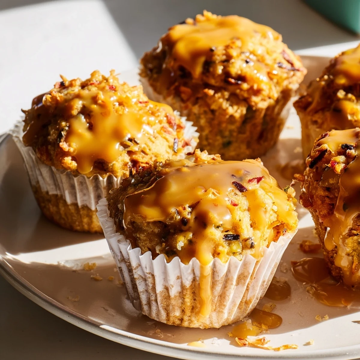 Maple Glazed Chili Pickle Muffins topped with a sweet drizzle for a unique brunch treat.  