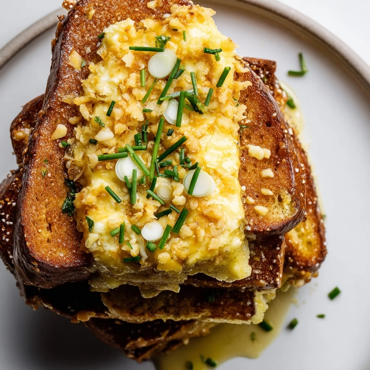 Savory Cheddar Pretzel French Toast topped with fresh chives and hot sauce.  