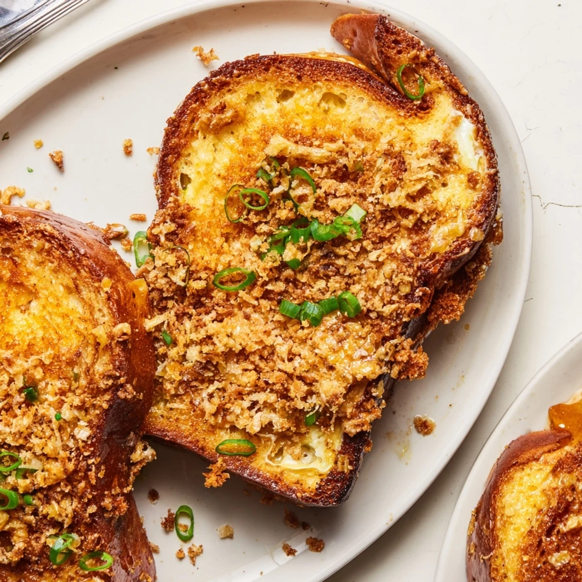 Delicious Cheddar Pretzel French Toast served with scallions and a dash of mustard.