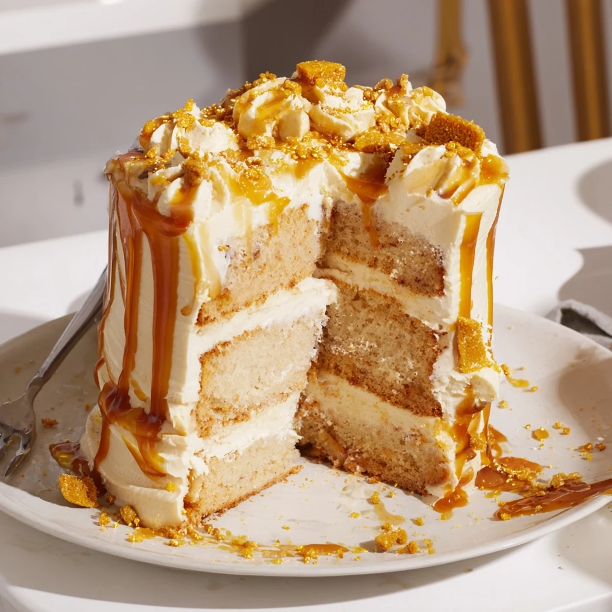 Whimsical, fluffy Butterbeer Birthday Cake layered with sweet brown sugar frosting and butterscotch.  