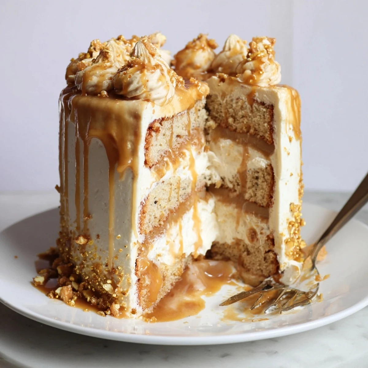 Golden, buttery Butterbeer Birthday Cake drizzled with sticky sauce, perfect for celebrations.