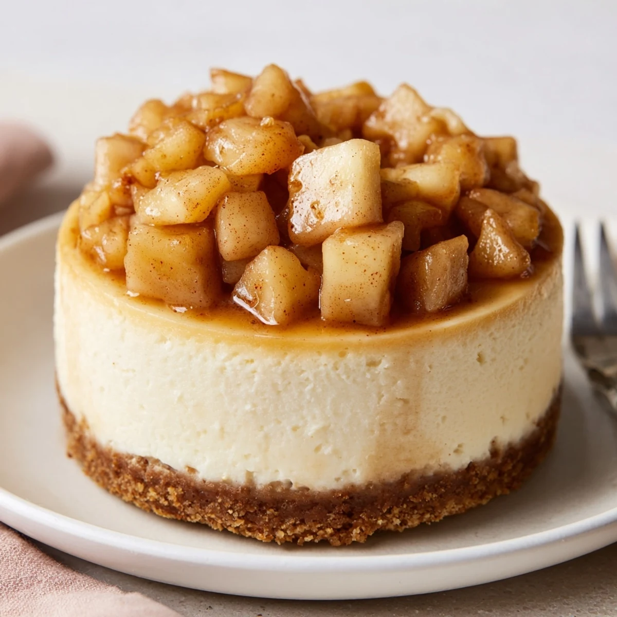 Creamy cheesecake layered with bourbon-infused spiced apples on a graham cracker crust.  