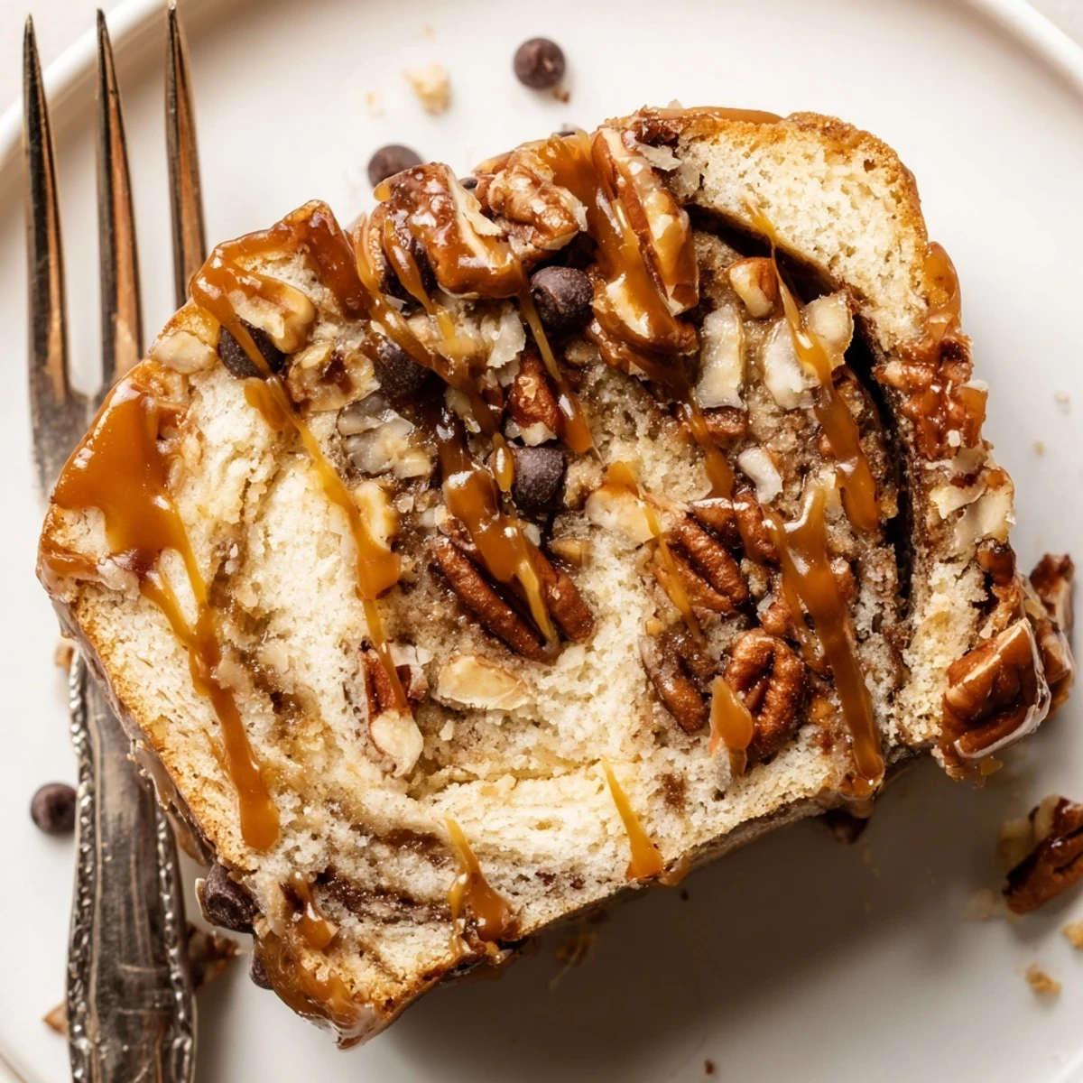 Indulge in this Caramel Pecan Cookie Dough Loaf, a sweet, buttery delight.  