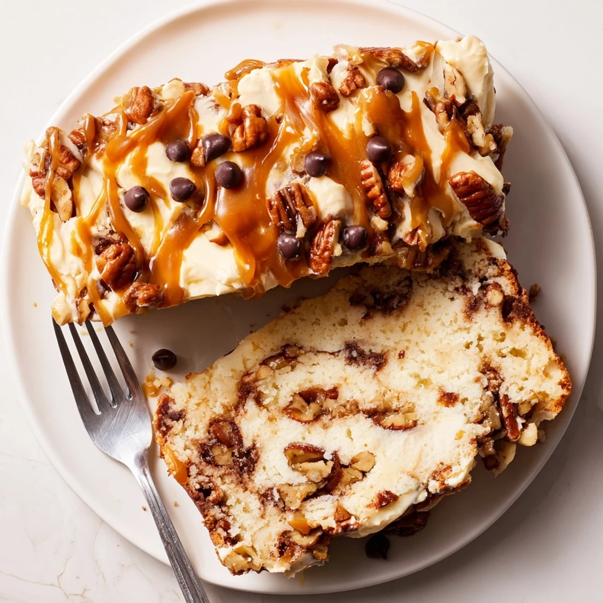 A rich Caramel Pecan Cookie Dough Loaf, drizzled with gooey caramel and nuts.  