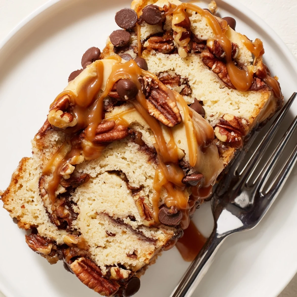 Savor the sweet layers of Caramel Pecan Cookie Dough Loaf, warm from the oven.