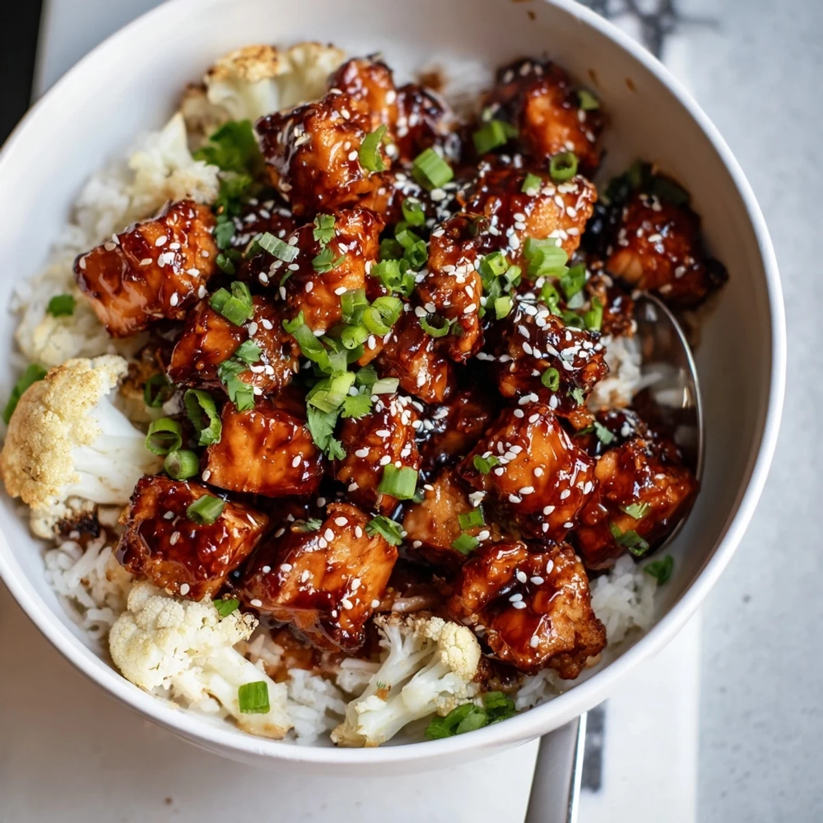 Tantalizing Sriracha Honey Salmon Bowls with roasted cauliflower and fluffy jasmine rice.  