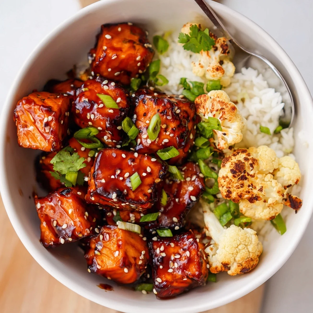 Caramelized salmon glazed in sriracha honey, served with fresh herbs and sesame seeds.  