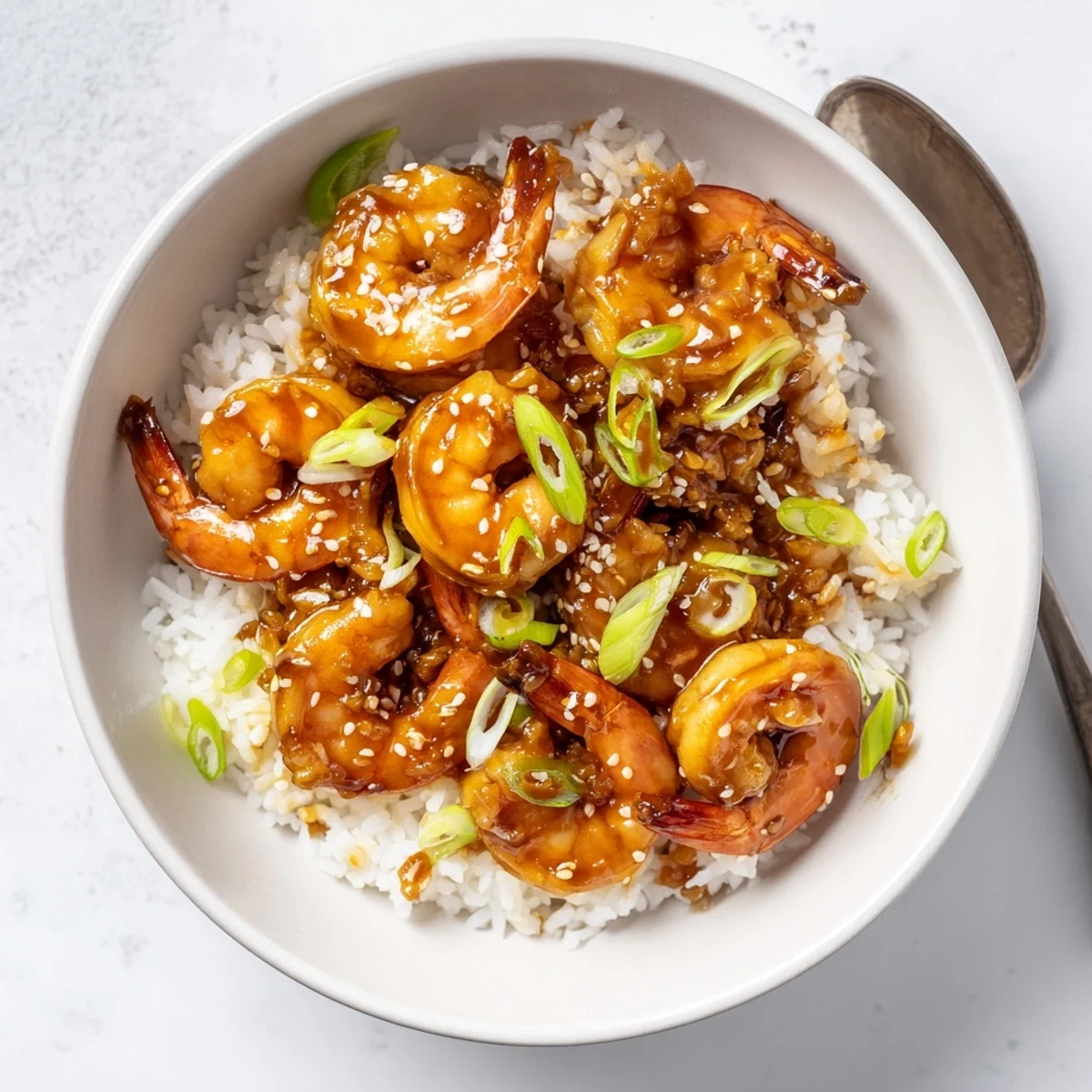 Succulent honey garlic shrimp atop fluffy rice, a quick 20-minute meal delight.  