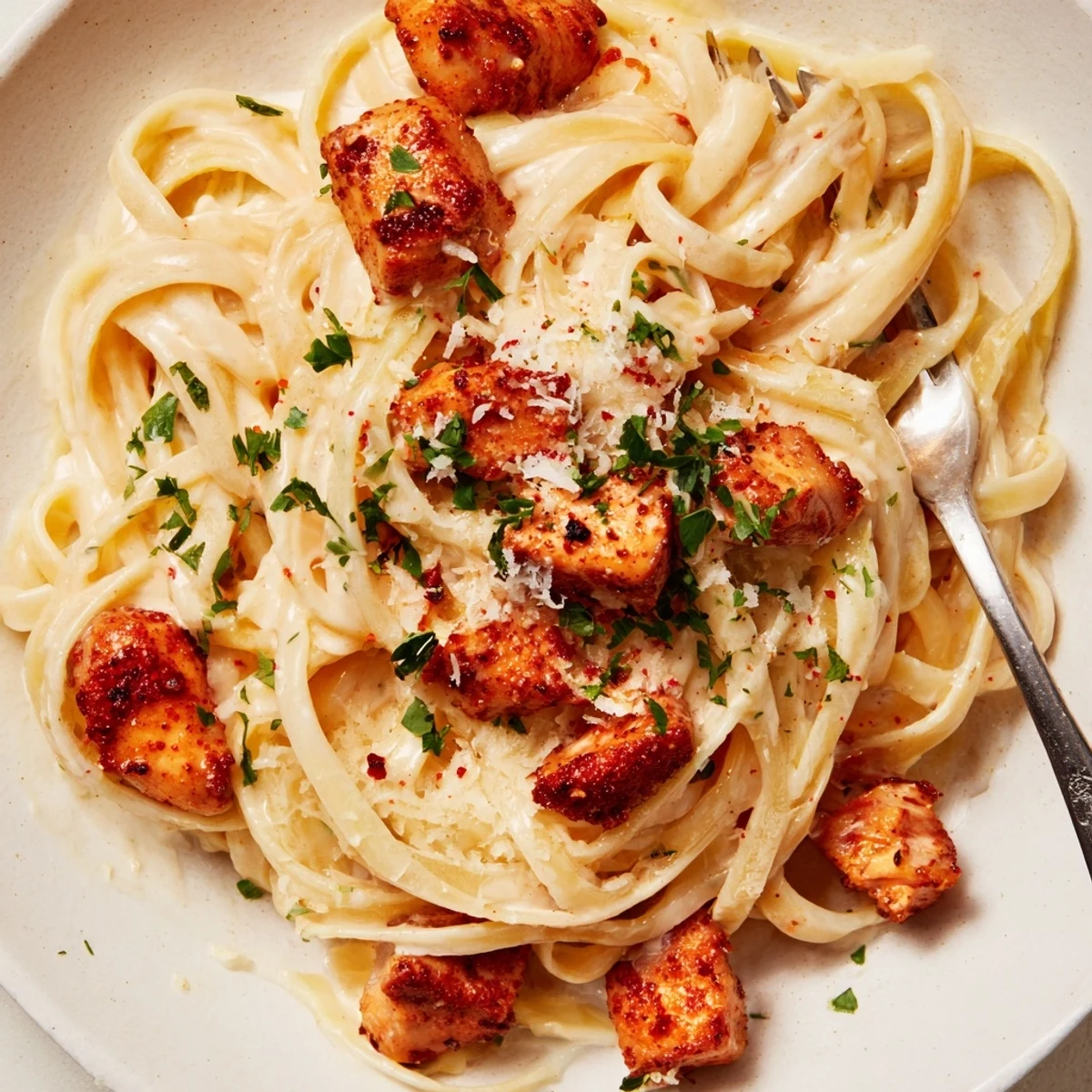 Cowboy Butter Chicken Linguine served with a creamy, garlicky sauce and bright parsley.  