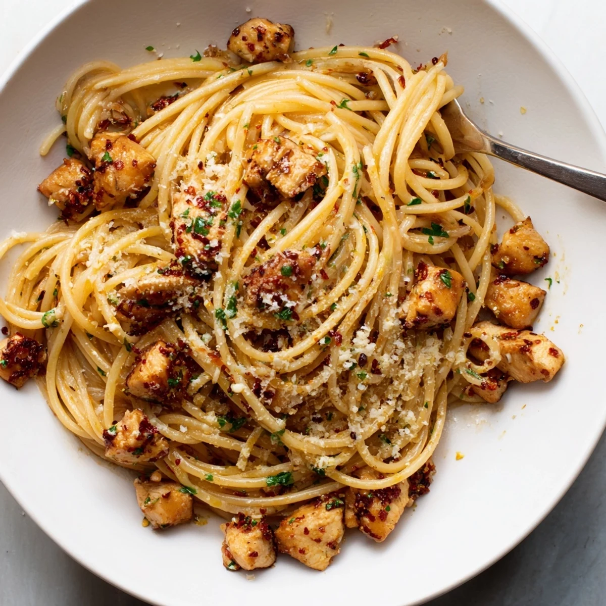 A bowl of Cowboy Butter Chicken Linguine featuring tender chicken and vibrant spices.