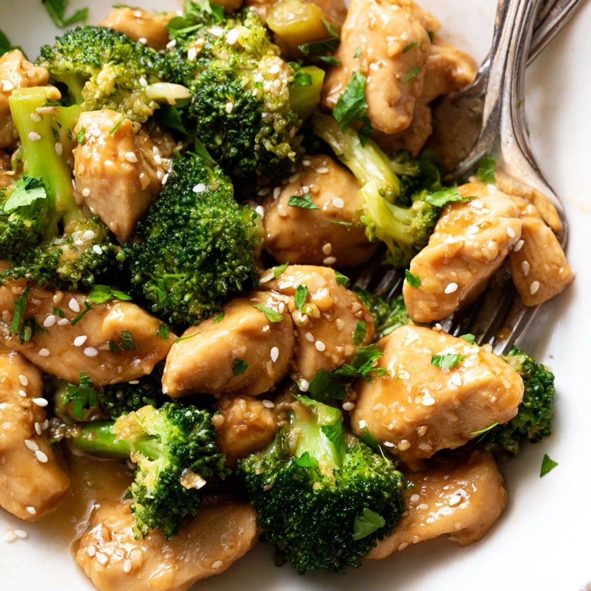 Garlic Butter Chicken & Broccoli served warm, glistening in savory garlic sauce.  