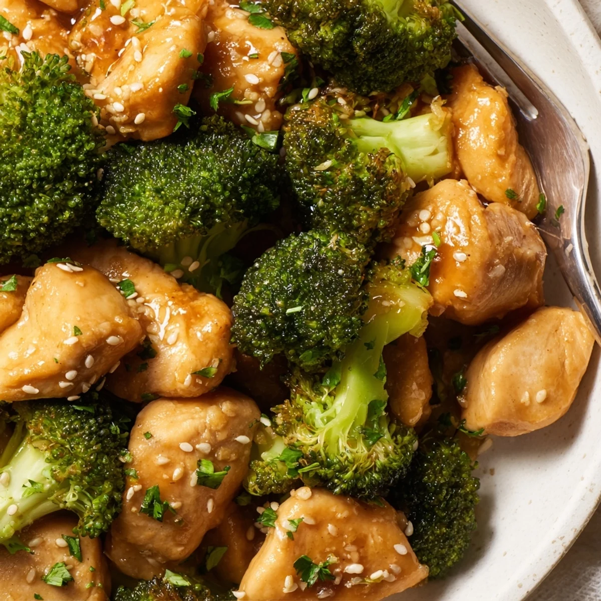 Tender chicken and crisp broccoli in rich garlic sauce, perfect for family dinners.