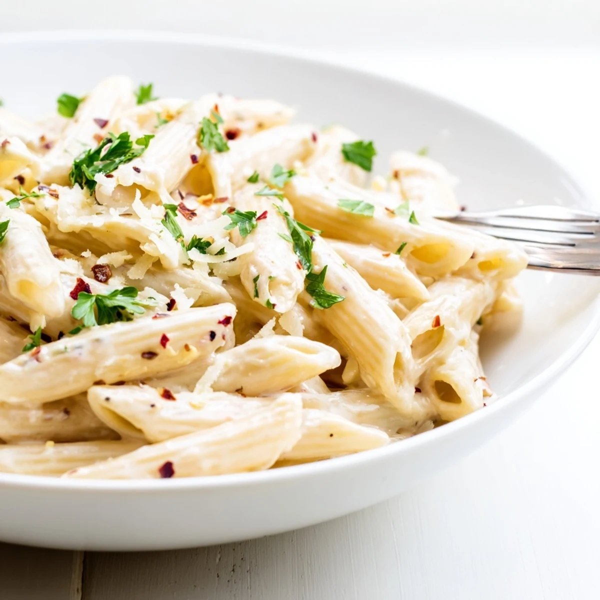 Creamy Garlic Penne Pasta topped with parsley and Parmesan for a hearty meal.  