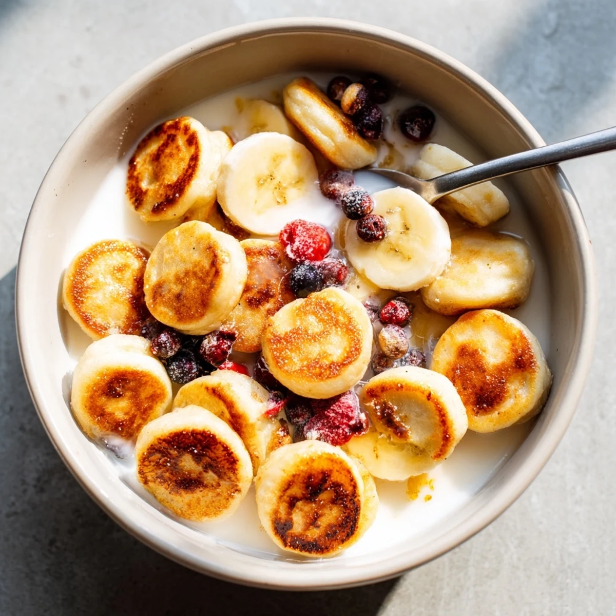 Delicious bite-sized Mini Pancake Cereal served in a bowl, ready for breakfast.  