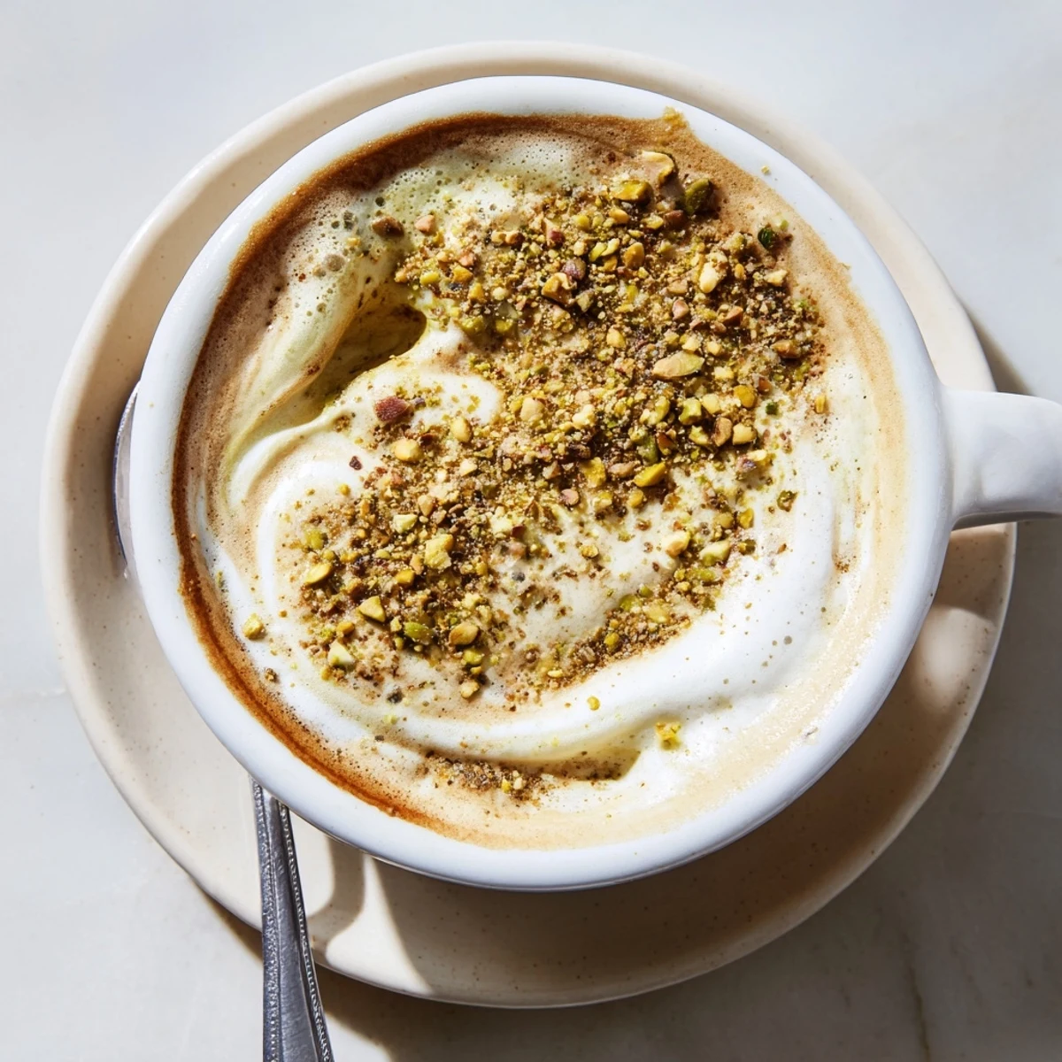 Creamy pistachio milk latte topped with crushed nuts, perfect for cozy mornings.  