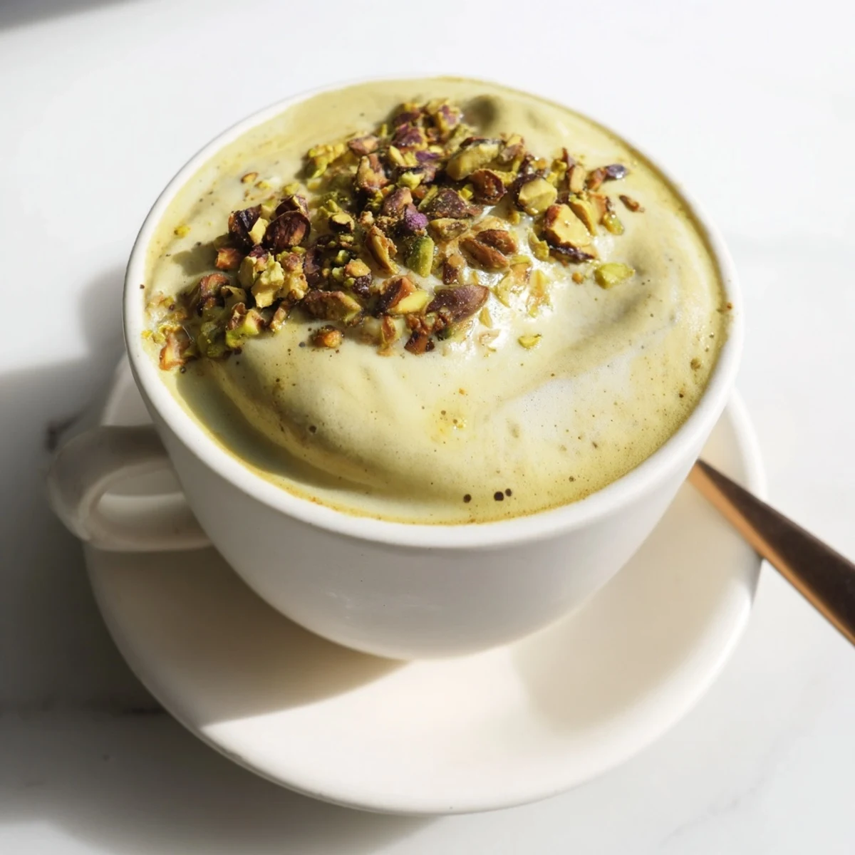 Homemade pistachio milk latte served steaming hot with a hint of vanilla.  