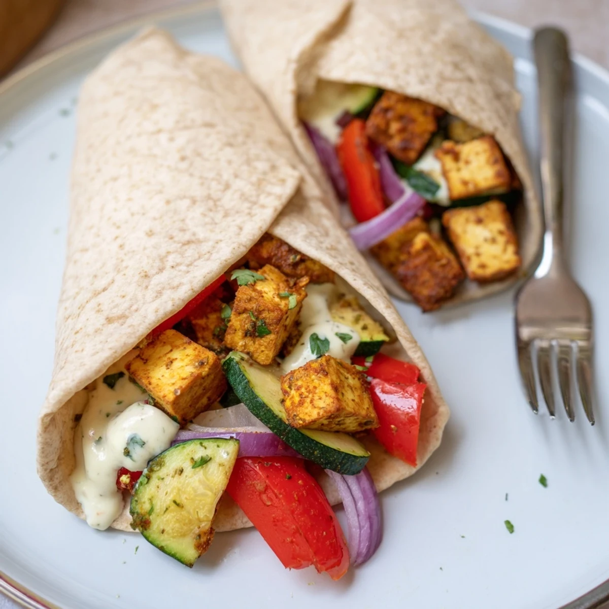 Vegan Viral Recipe Re-make featuring vibrant roasted tofu and colorful vegetables wrapped in pita.