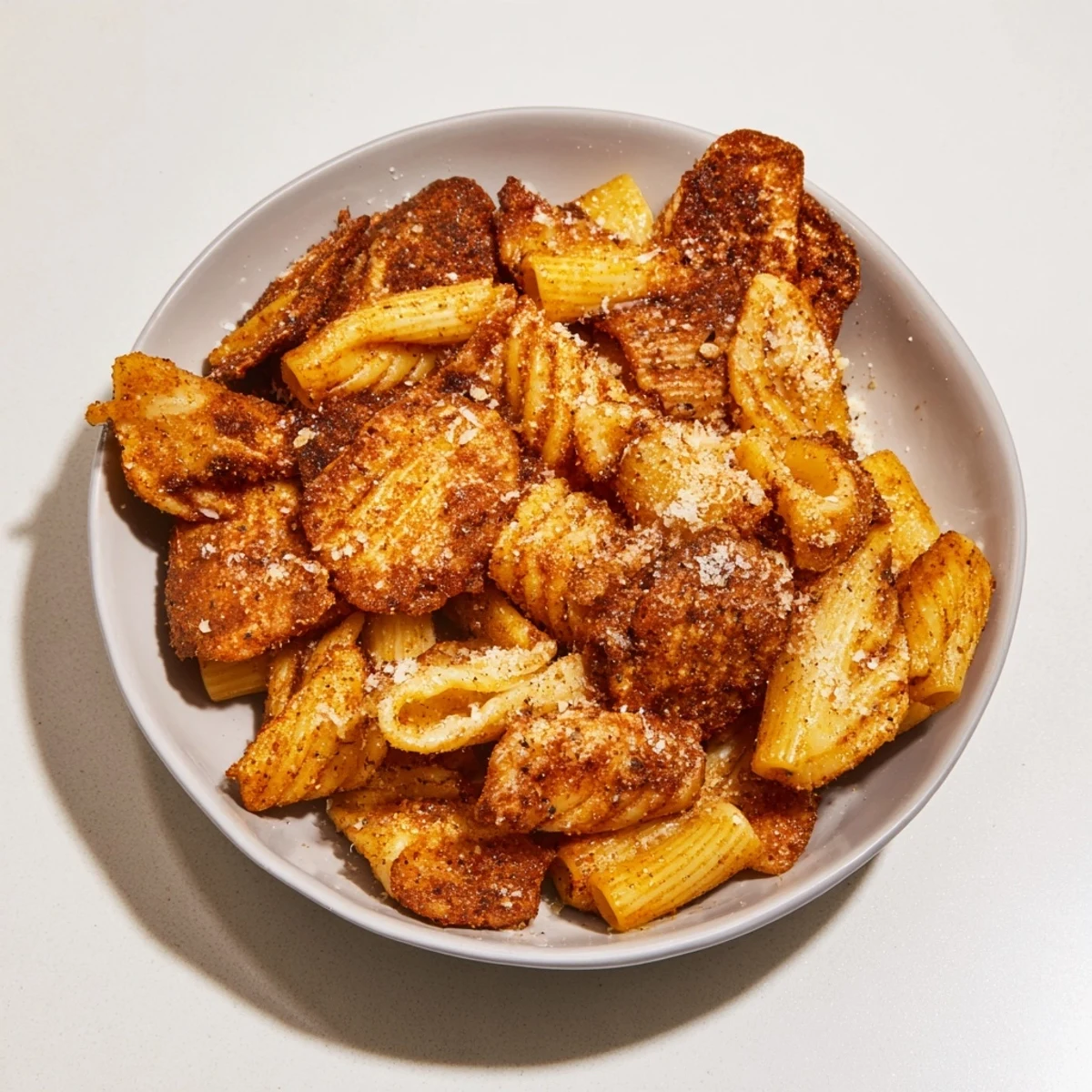 Baked pasta chips drizzled with olive oil and aromatic spices for flavor.  