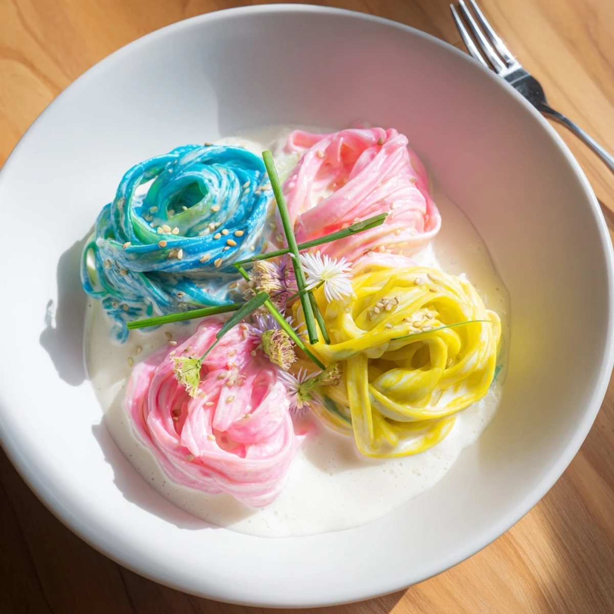 Colorful Neon Noodle Cloud served in a creamy sauce, a treat for all ages.
