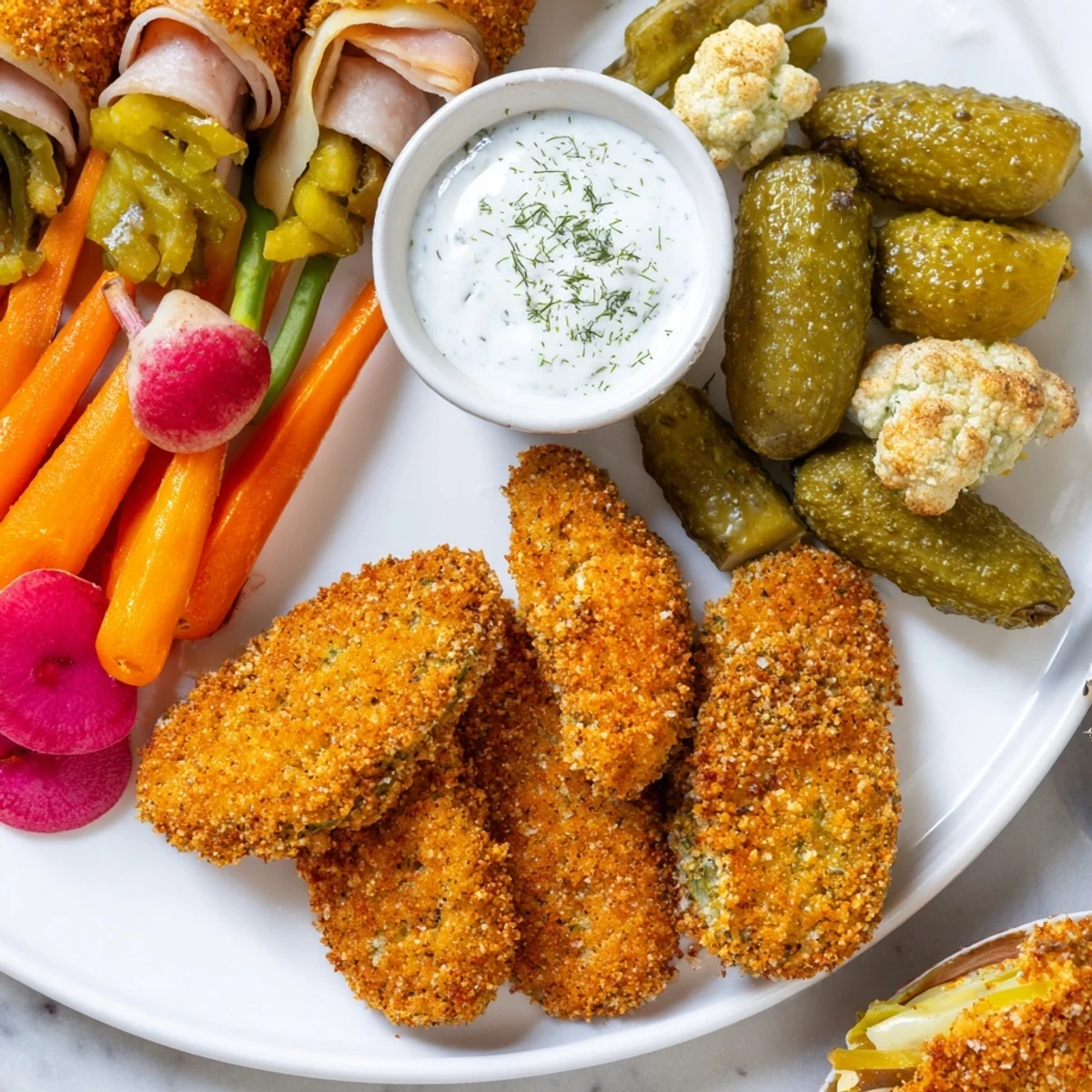 Indulge in the appetizer spread of fried pickles and pickled bites, perfect for sharing.