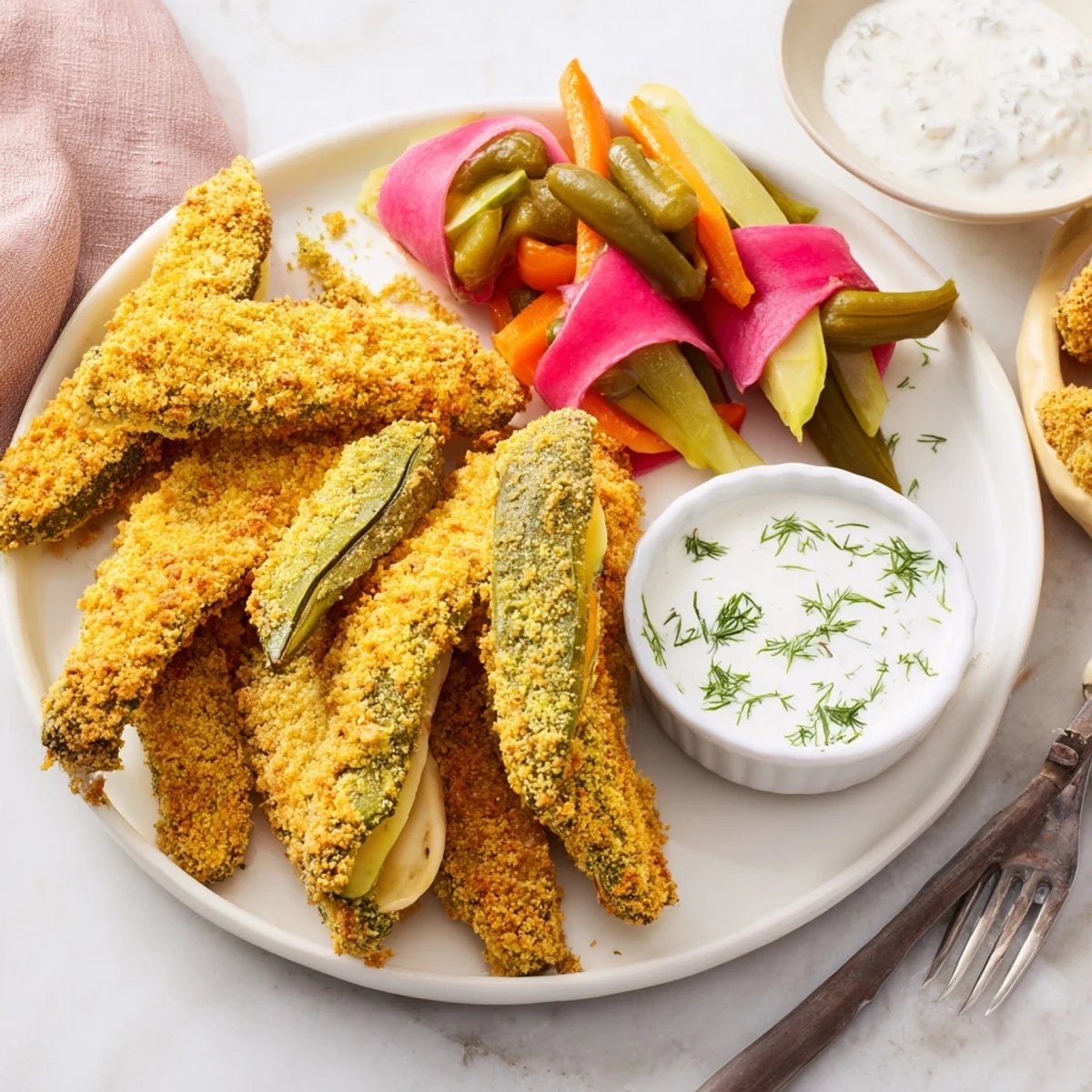 The colorful platter features fried pickles and cheese-wrapped pickled spears for pickle lovers.  
