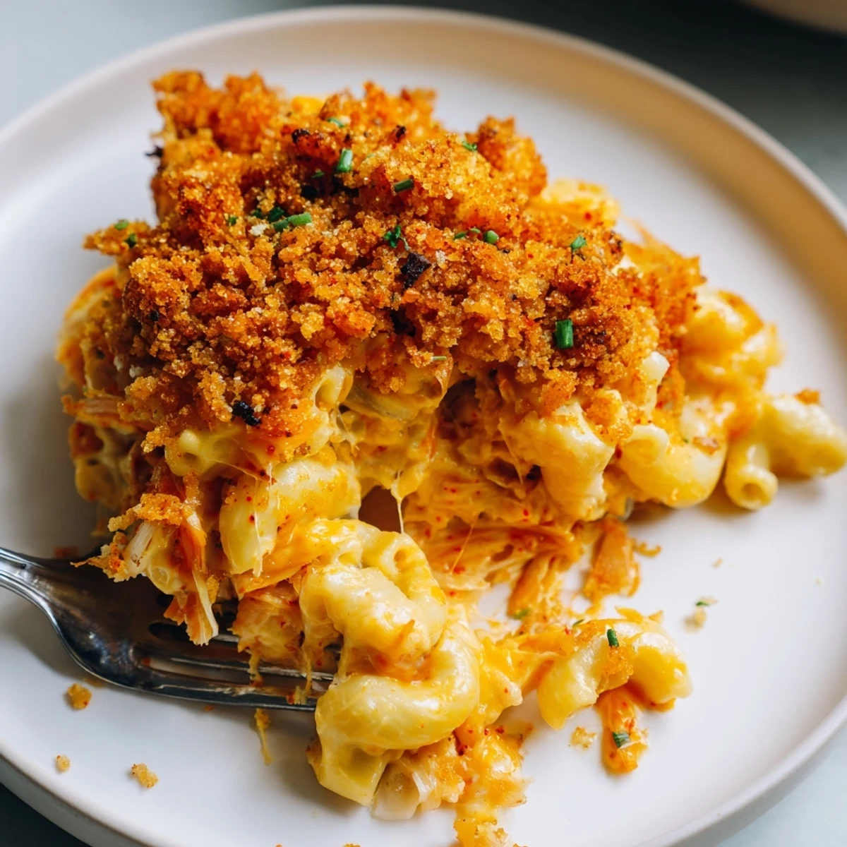 Creamy Spicy Kimchi Mac & Cheese topped with crispy panko and sesame seeds.