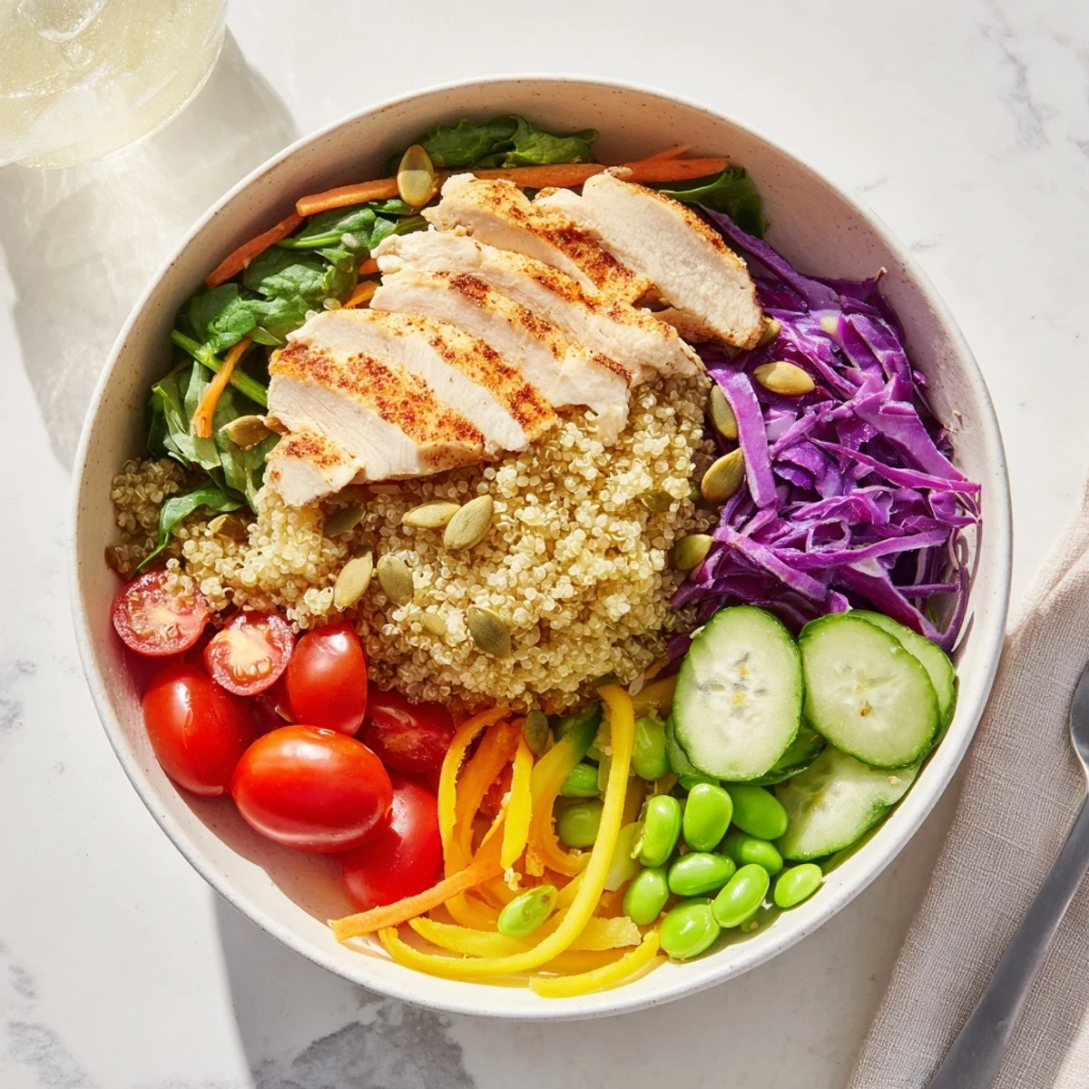 Colorful Healthy Meal-Prep Bowls with quinoa, chicken, and fresh vegetables arranged beautifully.