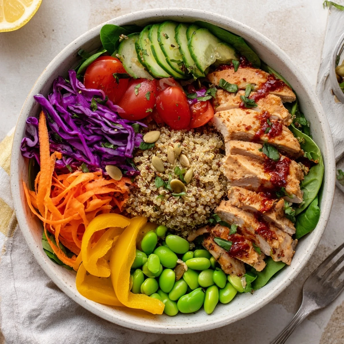 Vibrant Healthy Meal-Prep Bowls with nutritious layers of grilled chicken and bright veggies.