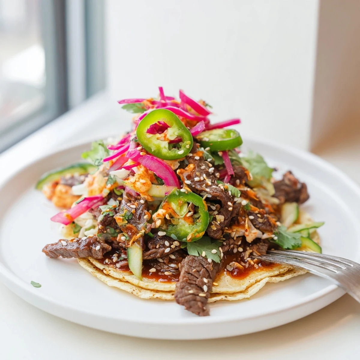 Vibrant Global Street-Food Fusion Tacos, topped with colorful veggies and ube crema.  