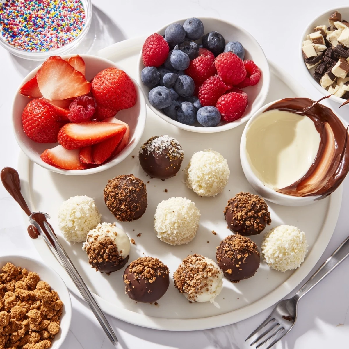 Creamy cheesecake bites adorned with fresh berries and drizzles for a delightful dessert board.  