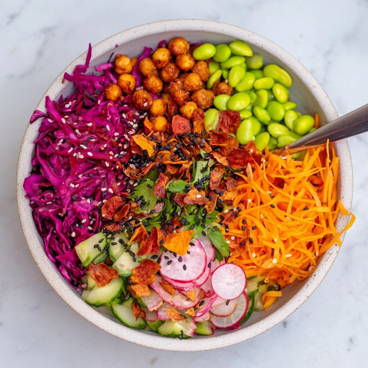 Vibrant ASMR Crunch Snack Bowls packed with colorful veggies and crispy toppings.