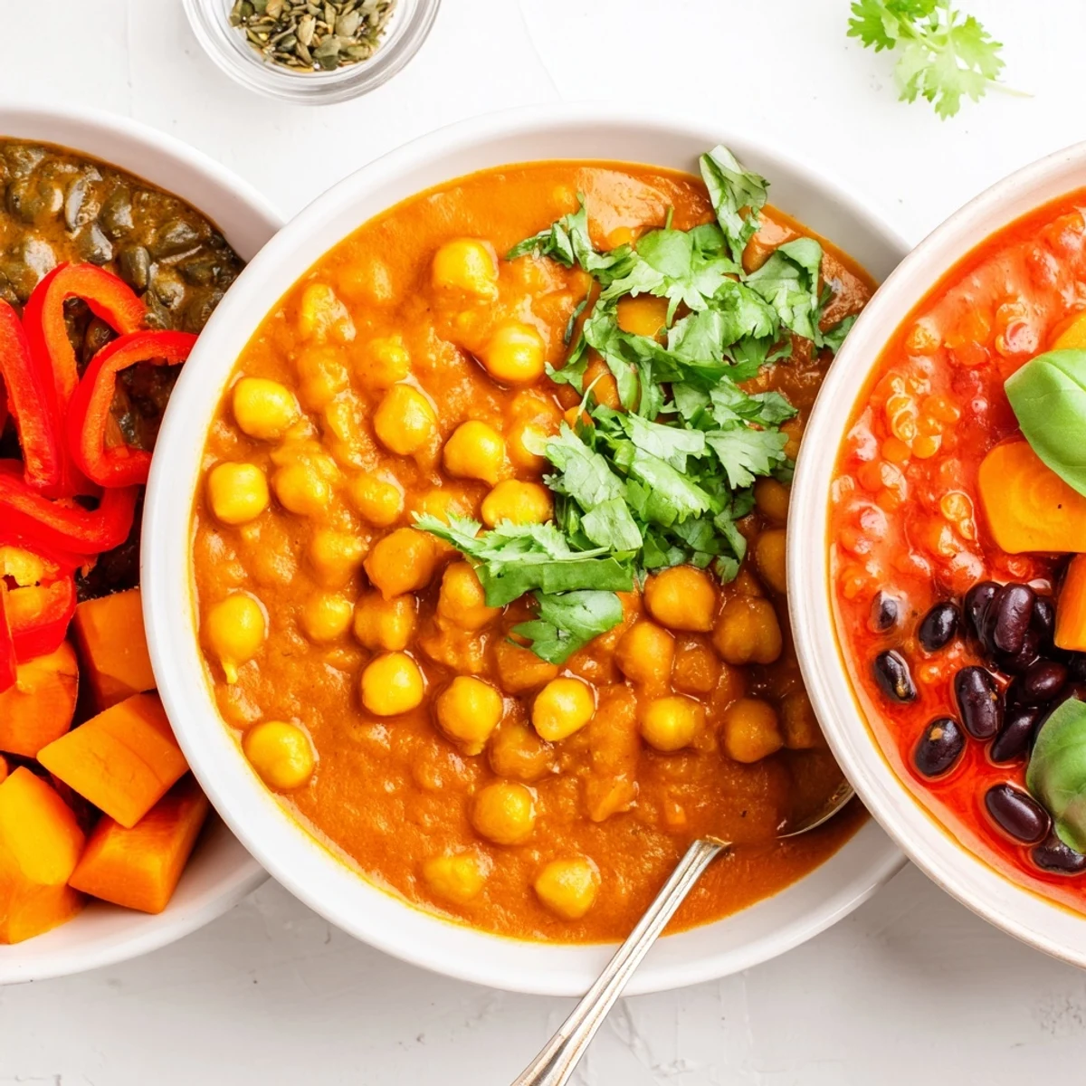 Delicious Thai Red Lentil Curry garnished with basil, featuring colorful vegetables and creamy coconut texture.