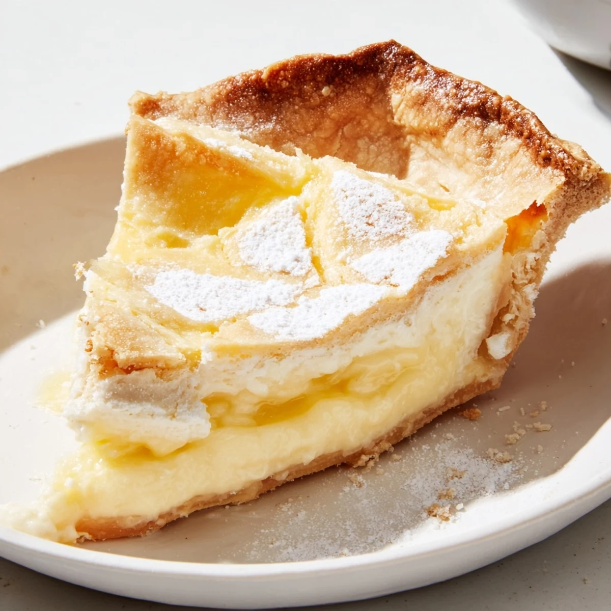 Homemade water pie served chilled, showcasing a delicate vanilla custard filling.  