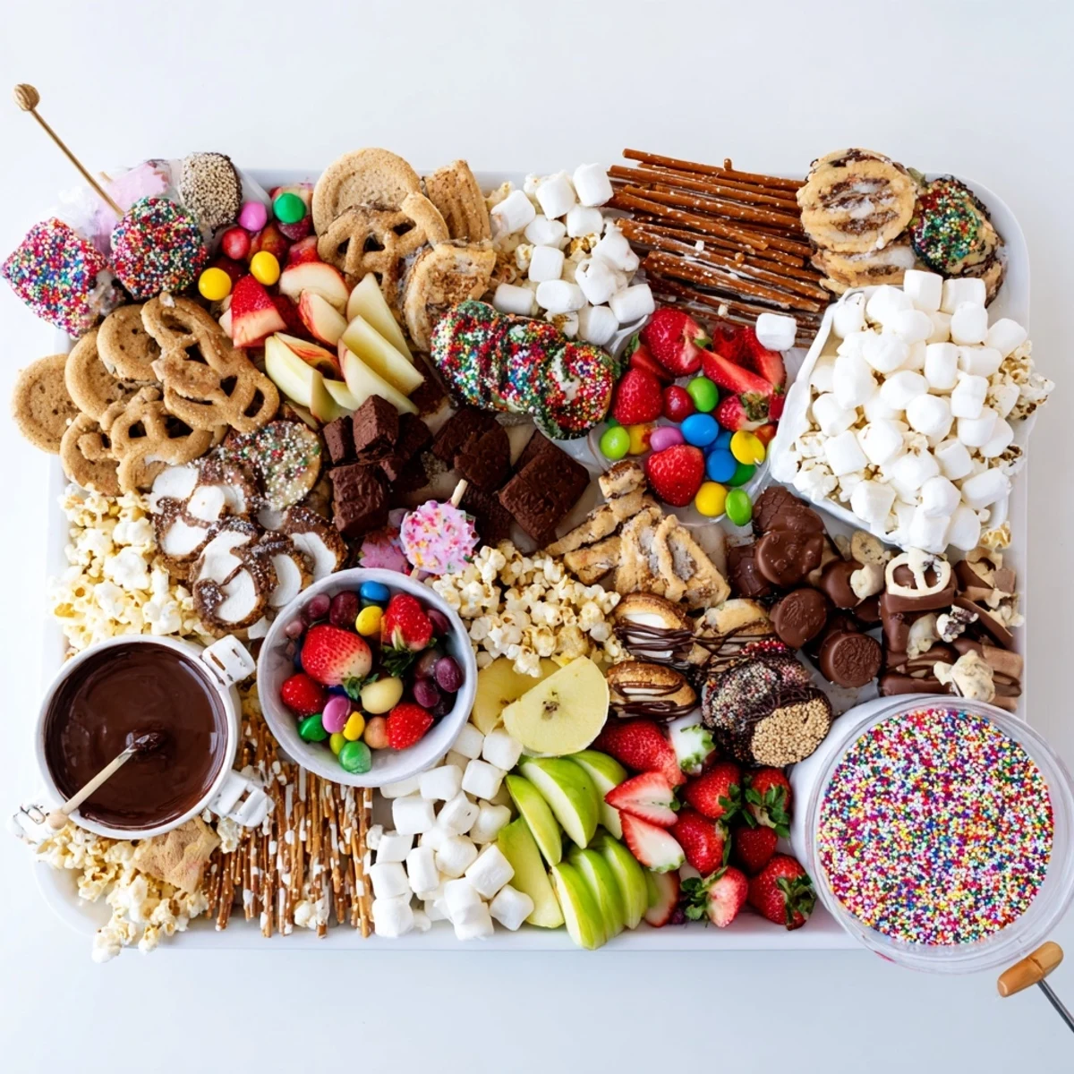 Deliciously arranged dessert board featuring fresh fruits and chocolate-dipped pretzels for parties.