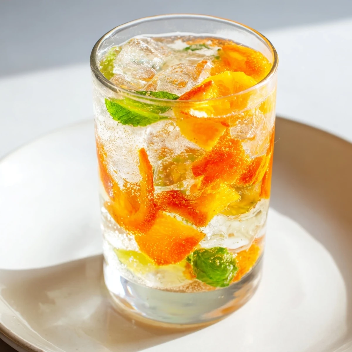 Refreshing probiotic soda mocktail with citrus, mint, and ice for summer enjoyment.  