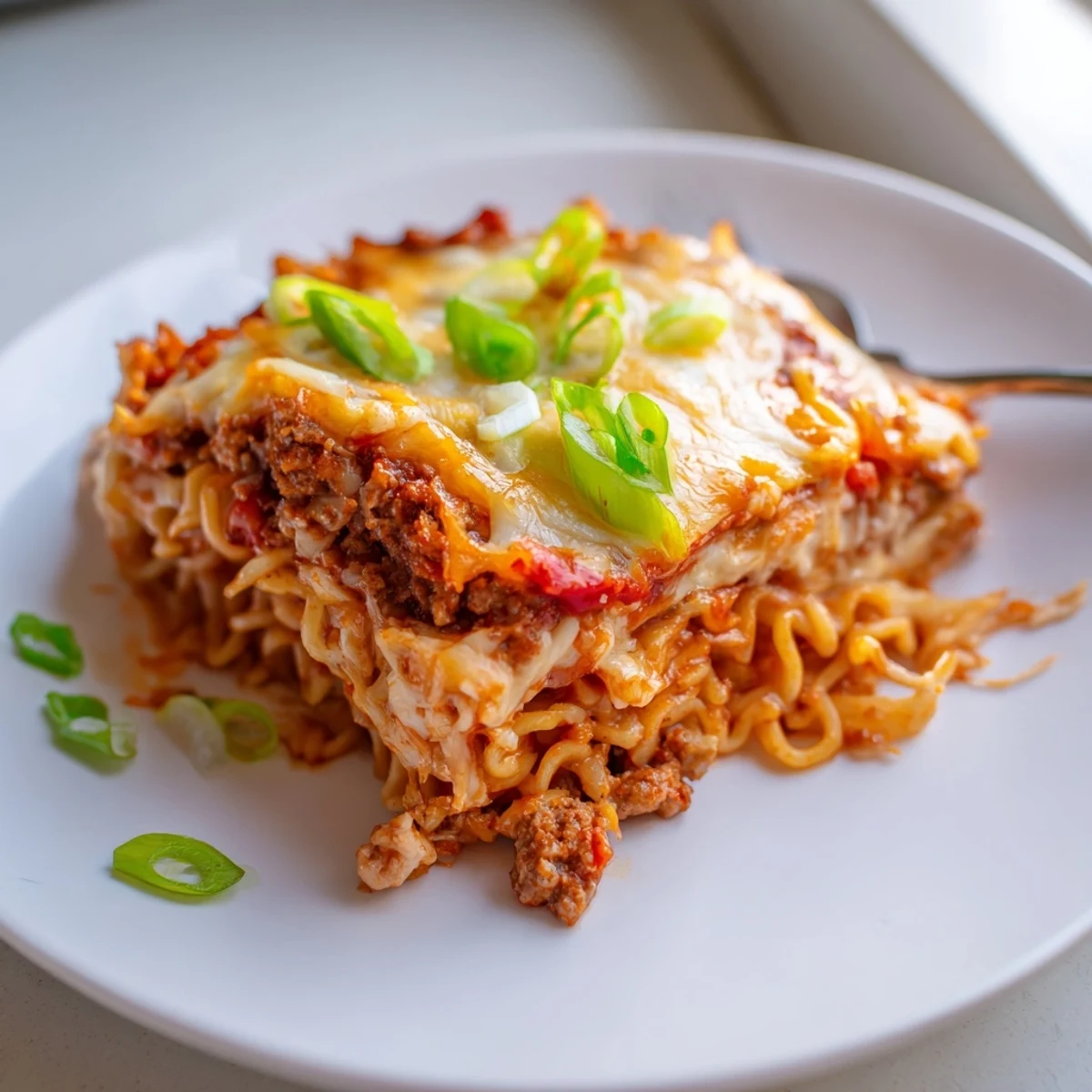 Spicy Ramen Lasagna layered with creamy cheese and zesty meat sauce, baked to perfection.  
