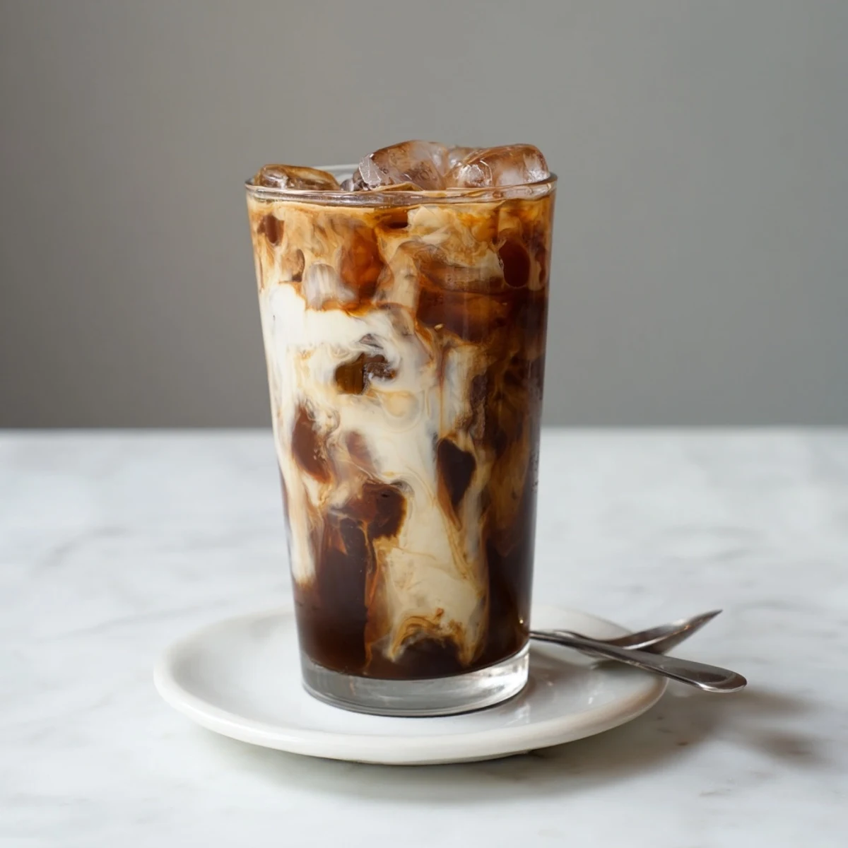 Creamy Tahini Iced Coffee topped with milk and ice, perfect for warm days.  