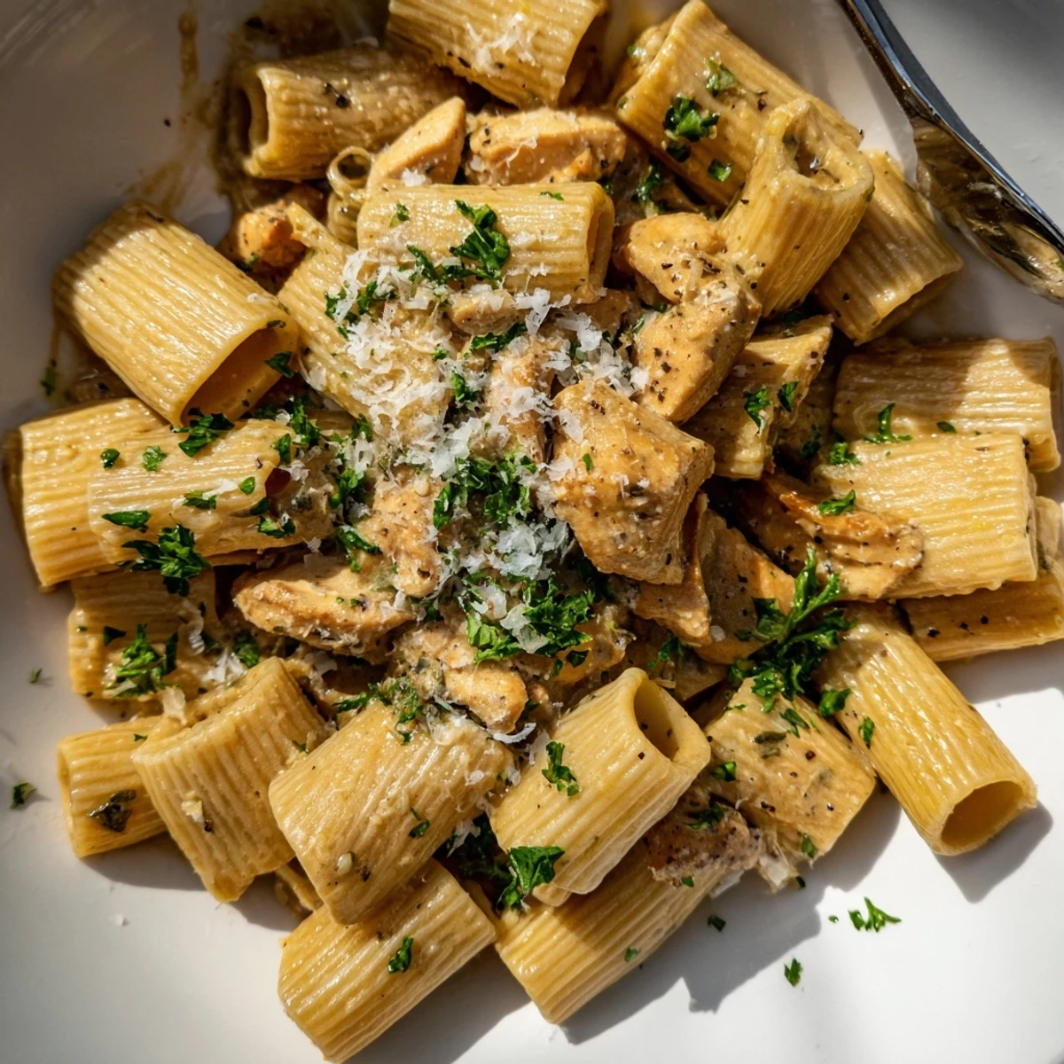 Delicious Creamy Garlic Parmesan Chicken Rigatoni in a rich, velvety sauce, perfect for dinner.  