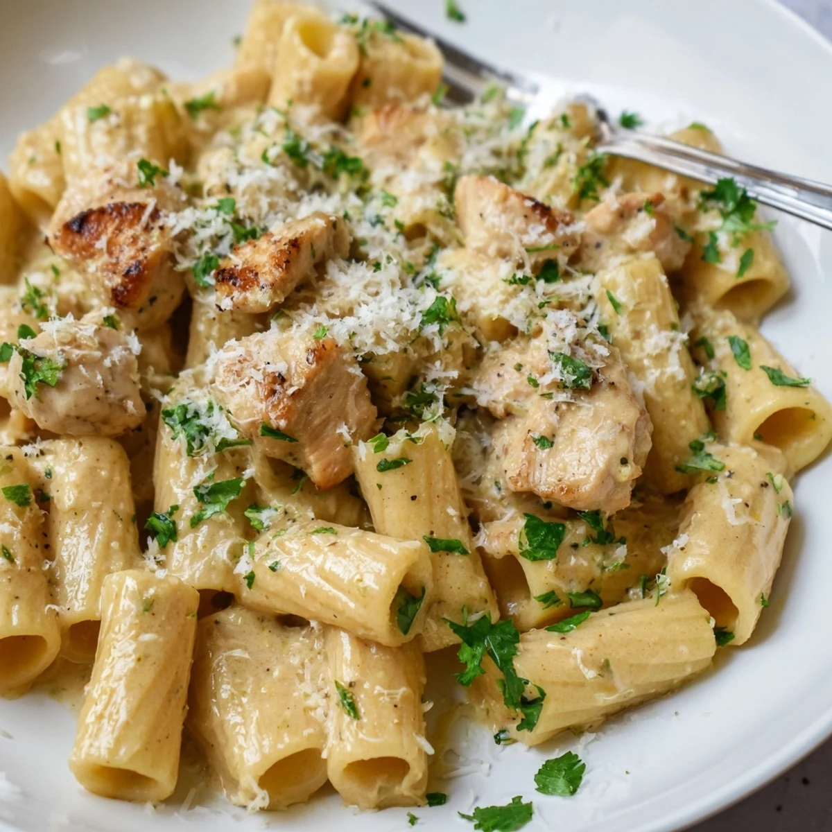 Bowl of Creamy Garlic Parmesan Chicken Rigatoni, showcasing tender chicken in a creamy garlic sauce.