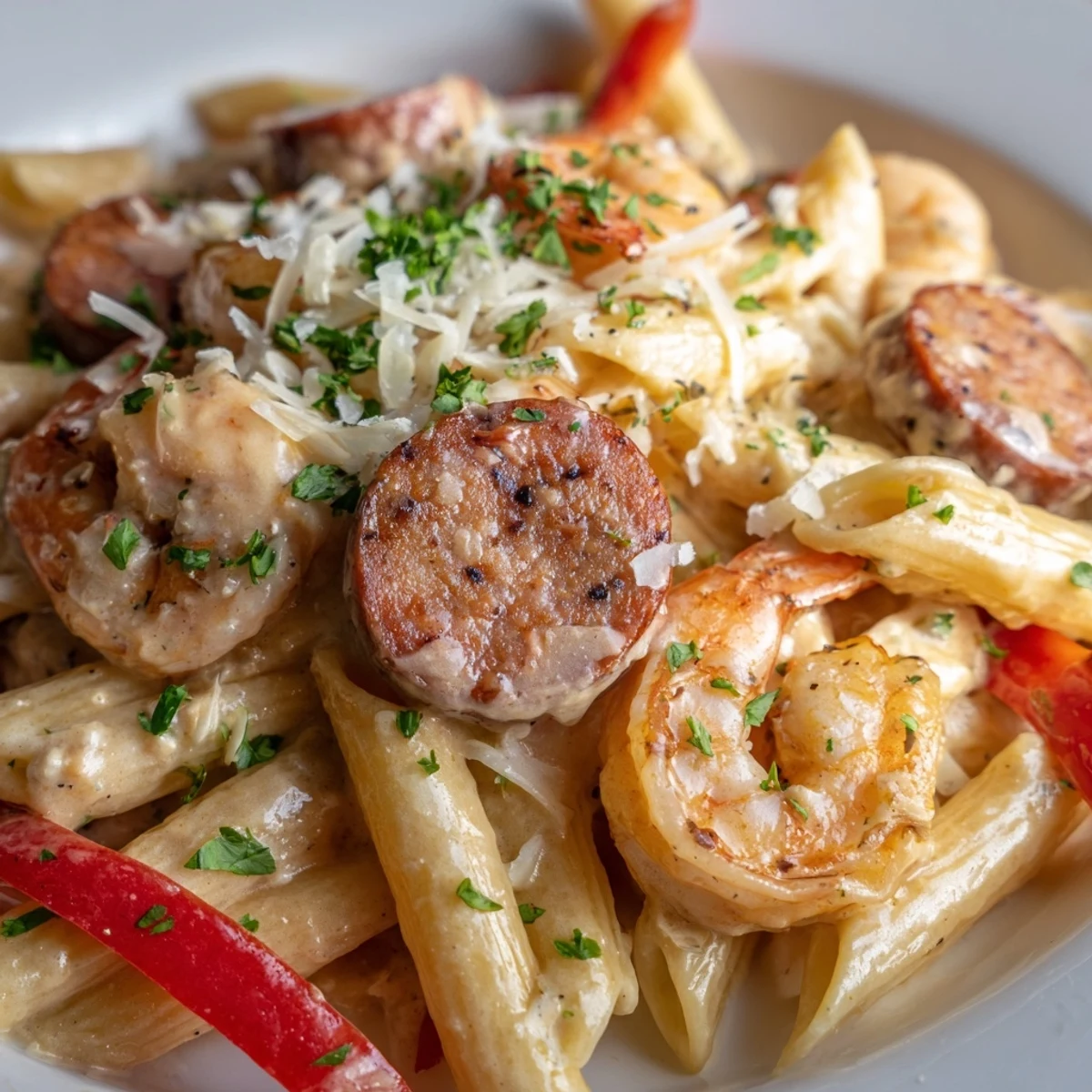 Creamy Cajun Sausage & Shrimp Alfredo Pasta Skillet served with parsley garnish. 