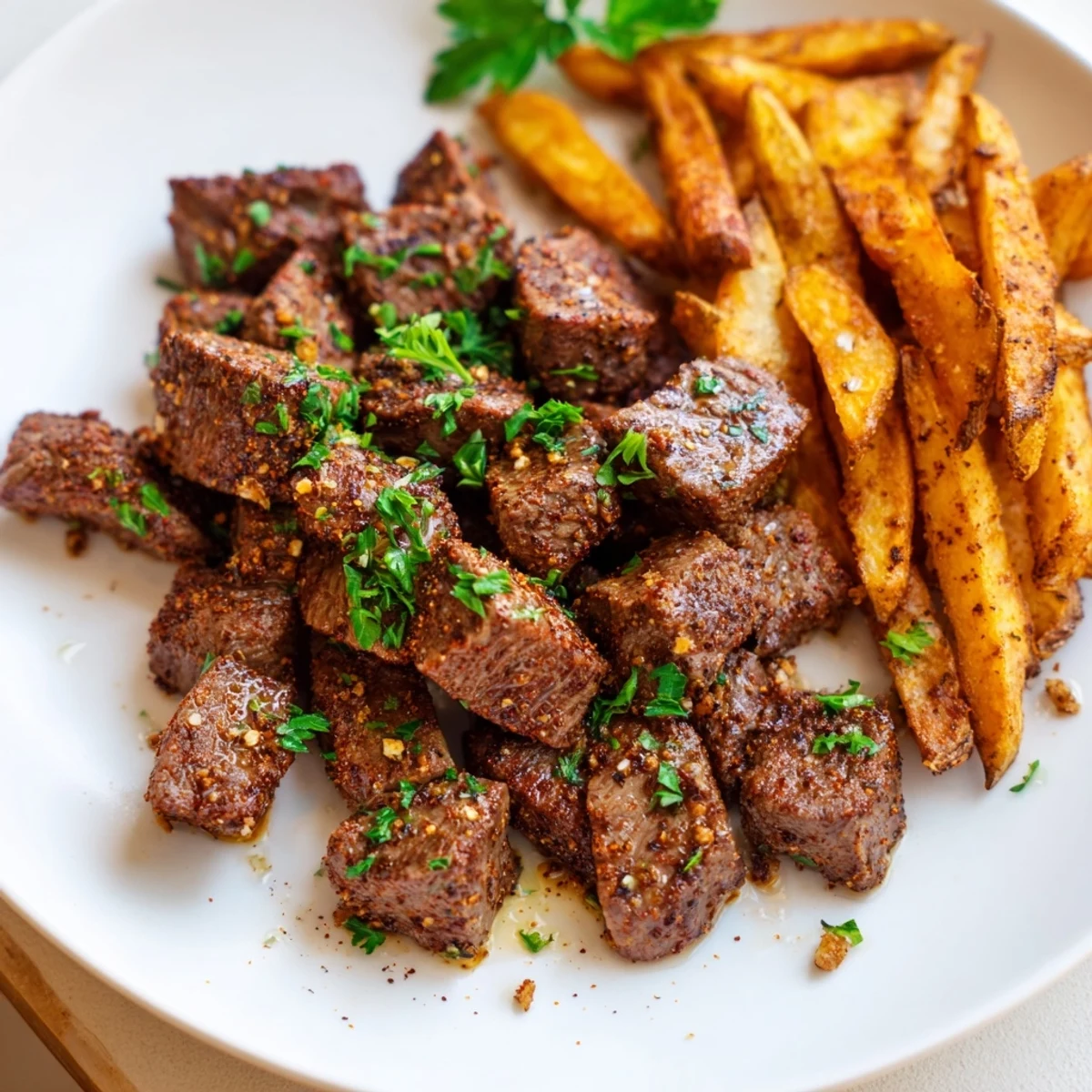 Savory Blackened Cajun steak bites served with crispy fries and fresh parsley garnish.  